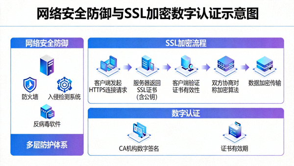 网络安全防御与SSL加密数字认证示意图